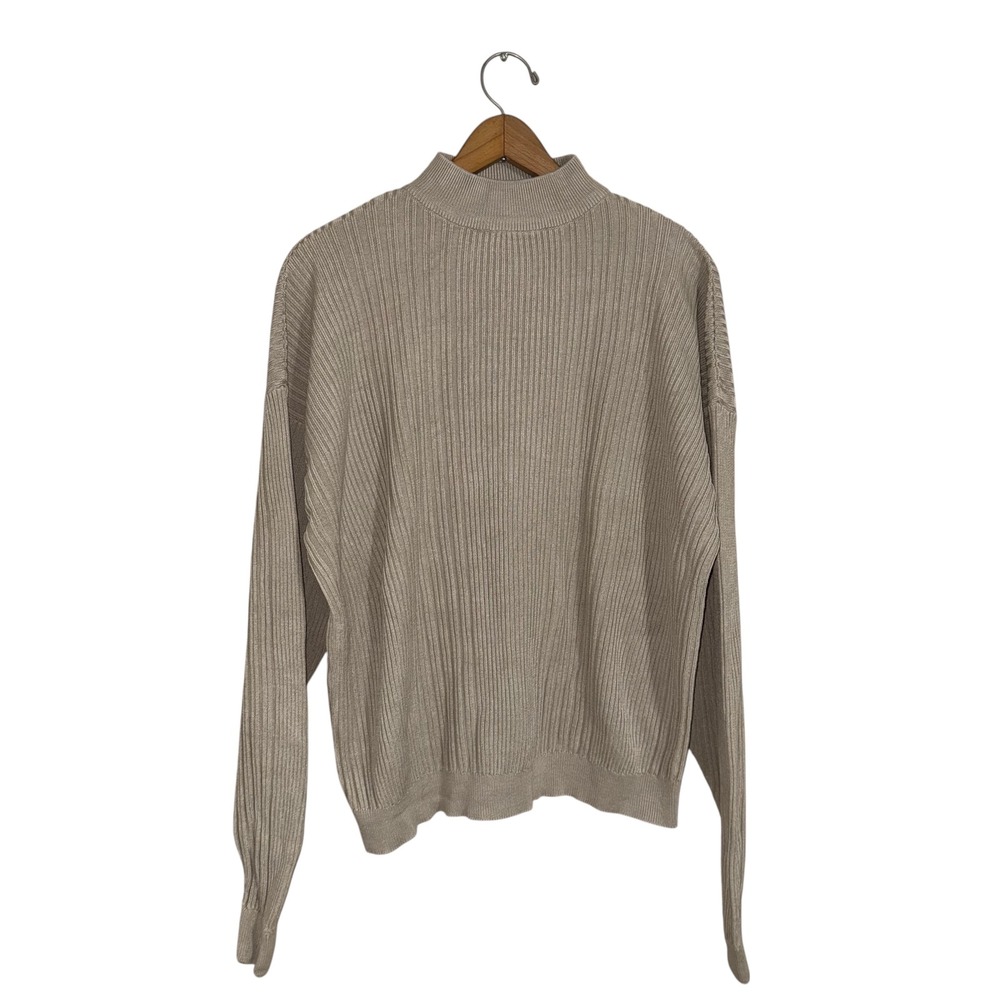 Cullen Womens Silk Ribbed Knit Mock Neck‎ Sweater Long Sleeve Beige Large